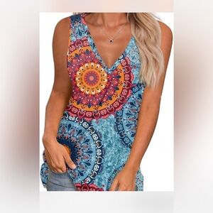Longyuan women's sleeveless V-neck top featuring a blue and orange mandala print